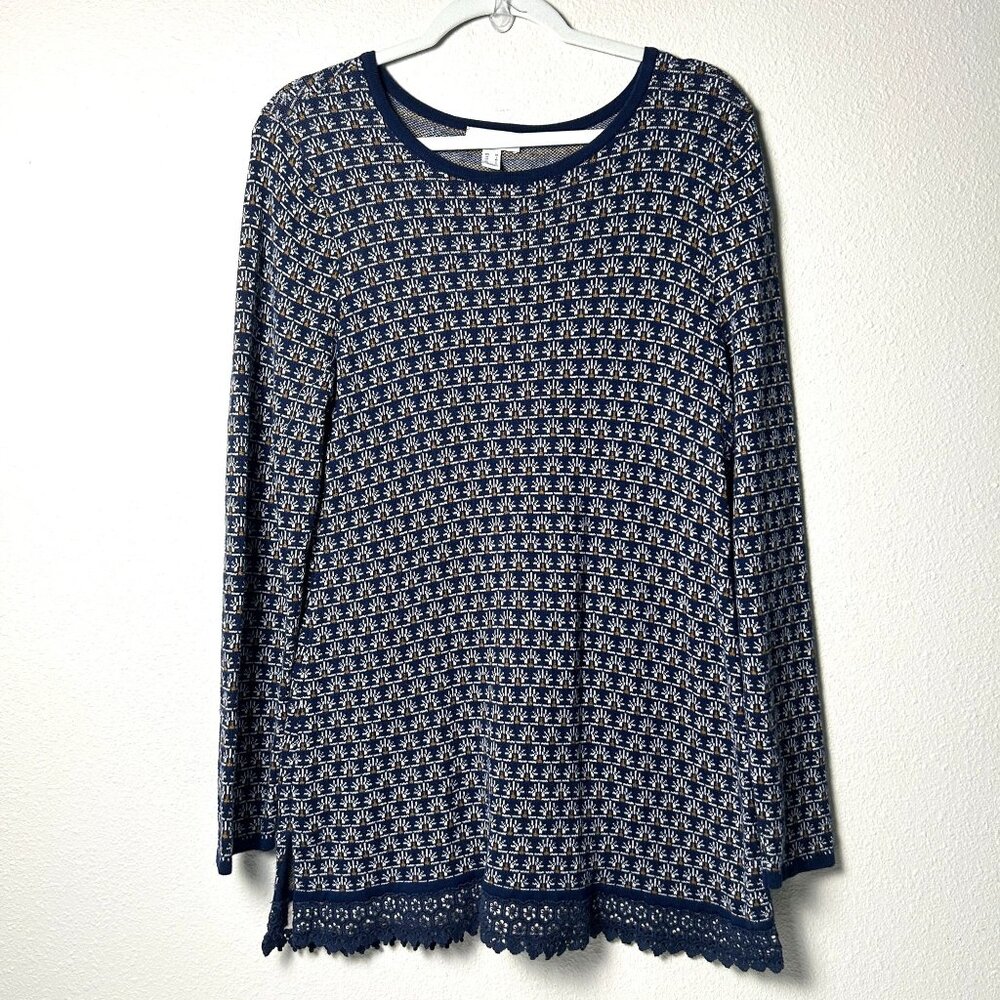 Susan Graver Jacquard Tunic Sweater Lace Trim Size M Blue Long Sleeve Side Slits